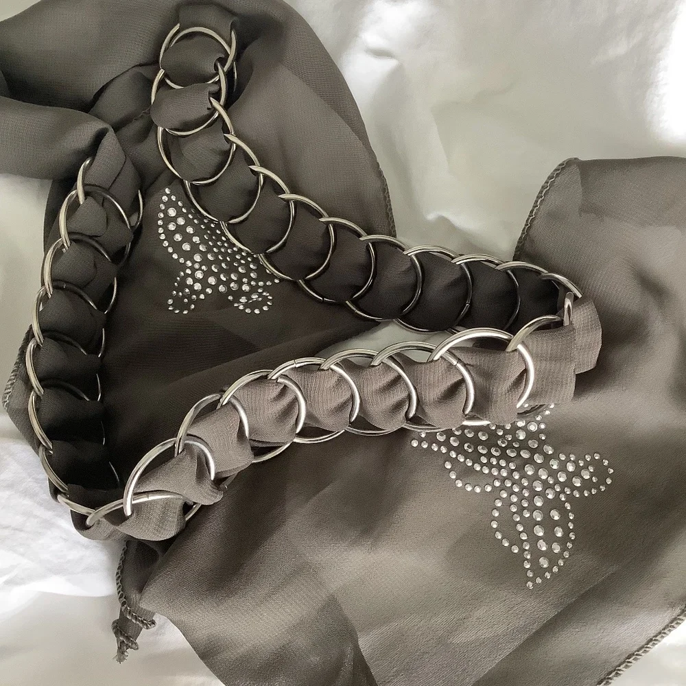 Vintage Y2K Chain‎ Metal Link Butterfly Embellished Fabric Belt